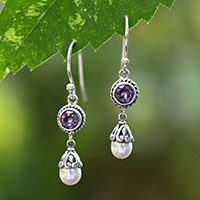 Amethyst and cultured pearl dangle earrings, 'Fruit of Light' - Amethyst and Cultured Pearl Dangle Earrings from Bali