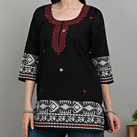 Cotton tunic, 'Jamdani Splendor' - Block-Printed Cotton Tunic with Jamdani Handwoven Motifs