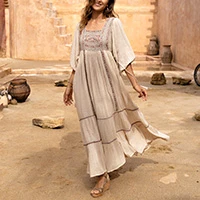 Embroidered cotton tiered dress, 'Bohemian Majesty' - Floral Embroidered Antique Ivory Cotton Maxi A-Line Dress