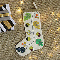 Applique wool felt Christmas stocking, 'Leaves of the Season' - Handmade Applique Wool Felt Leaf & Acorn Christmas Stocking