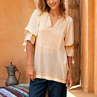 Embroidered viscose tunic, 'Lux Era' - Cotton Embroidered Antiqued Ivory Viscose Tunic from India