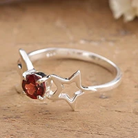 Garnet band ring, 'Cosmic Love' - Crescent Moon Star-Themed Openwork Garnet Silver Band Ring