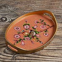 Reverse-painted glass tray, 'Birds of a Feather in Rose' - Reverse Painted Glass and Wood Tray from Peru