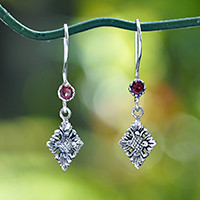 Garnet dangle earrings, 'Holy Flowers' - Floral Silver Dangle Earrings with Faceted Garnet Gemstones