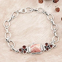 Rhodochrosite and garnet pendant bracelet, 'Romantic Style' - Rhodochrosite and Garnet Sterling Silver Pendant Bracelet