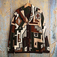 Men's alpaca cardigan, 'Inca Construction' - Men's 100% Alpaca Geometric Patterned Cardigan from Peru