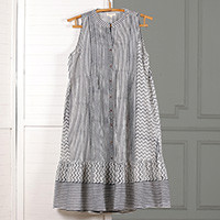 Cotton sleeveless tunic dress, 'Tribal Rhythm' - Patterned Blue and White 100% Cotton Sleeveless Tunic Dress