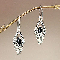 Onyx dangle earrings, 'Black Fern' - Sterling Silver and Onyx Dangle Earrings