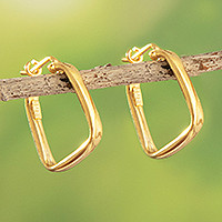 Gold-plated hoop earrings, 'Golden Goddess of the Lakes' - 18k Gold-plated Squared Modern Hoop Earrings from Peru