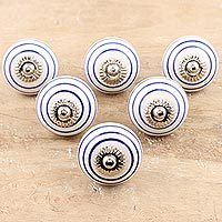 Hand painted ceramic knobs, 'Blue Loops' (set of 6) - Hand Painted Blue and White Knobs from India (Set of 6)