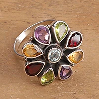 Multi-gemstone cocktail ring, 'Floral Luxury' - Spring-Inspired 6-Carat Faceted Multi-Gemstone Cocktail Ring