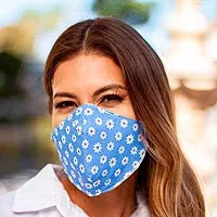 Cotton and polyester face masks, 'Blue Daisy Daze' (pair) - 2 Double Layer Red Polyester Print Cotton Elastic Headband F