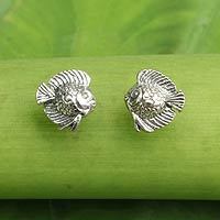 Sterling silver button earrings, 'Happy Fish' - Small Fish Button Earrings in Sterling Silver
