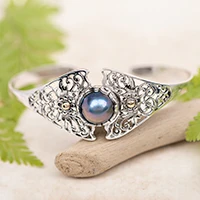 Gold-accented cultured mabe pearl cuff bracelet, 'Blossom Crown' - 18k Gold-Accented Cultured Mabe Pearl Silver Cuff Bracelet