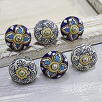 Ceramic knobs, 'Royal Garden' (set of 6) - Multicolored Floral Ceramic Knobs from India (Set of 6)