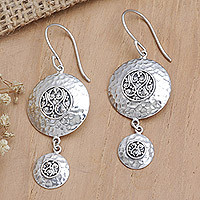 Sterling silver dangle earrings, 'Twin Discs' - Sterling Silver Hammered Dangle Earrings from Bali