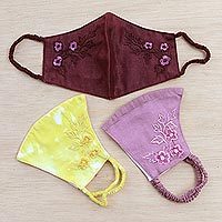 Embroidered cotton face masks, 'Cheerful Floral Trio' (set of 3) - 3 Colorful Floral Embroidery Cotton Contoured Face Masks