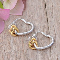 Gold-accented hoop earrings, 'Lovely Hearts' - 18k Gold-Accented Hoop Earrings with Heart-Themed Charms