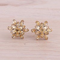 Rhodium plated citrine button earrings, 'Golden Burst' - Rhodium Plated Citrine Button Earrings from India
