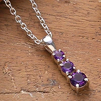 Amethyst pendant necklace, 'Purple Cluster' - Silver Pendant Necklace with Three Round Amethyst Gemstones