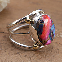 Reconstituted turquoise cocktail ring, 'Sunset Mirage' - Modern Reconstituted Turquoise Silver Brass Cocktail Ring