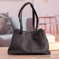 Leather shoulder bag, 'Stylish Black' - Black Leather Shoulder and Sling Bag with Adjustable Strap