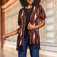 100% alpaca kimono cardigan, 'Ceremonial Icons' - Inca-Inspired 100% Alpaca Cardigan Sweater in a Kimono Style