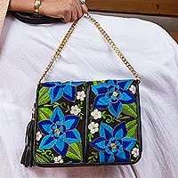 Leather accented cotton sling, 'Yucatan Flowers' - Leather Accented Cotton Sling with Blue Floral Embroidery