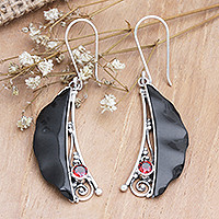 Horn and garnet dangle earrings, 'Charming Appeal' - Balinese Horn Garnet and Sterling Silver Dangle Earrings
