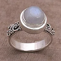 Rainbow moonstone cocktail ring, 'Translucent Forest' - Rainbow Moonstone and Sterling Silver Ring from Bali