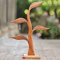 Wood jewelry holder, 'Leafy Sprout' (14 inch) - Carved Jempinis Wood Leaf-Themed 14 Inch Earring Holder