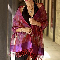 Silk shawl, 'Midnight Fantasy' - Purple Red Silk Shawl Wrap from India