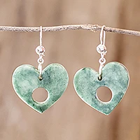 Jade dangle earrings, 'Heart Passage' - Heart-Shaped Green Jade Dangle Earrings