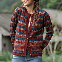 100% alpaca cardigan sweater, 'Andean Mosaic' - Mosaic-Patterned Red 100% Alpaca Cardigan Sweater from Peru