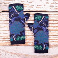 100% baby alpaca fingerless mittens, 'Andean Blooms' - Baby Alpaca Floral and Leaf Knit Fingerless Mittens in Blue