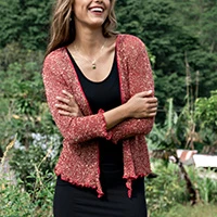 Knit jacket, 'Chic Shrug in Red Metallic' - Open-Front Knit Jacket and Shrug in Cherry Red and Gold Hues