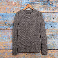 100% baby alpaca pullover, 'Island' - Grey Pullover Hand-Knit from 100% Baby Alpaca in Peru