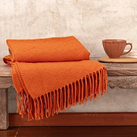 Throw blanket, 'Diamond Mine in Flame' - Orange Acrylic and Alpaca Blend Throw Blanket