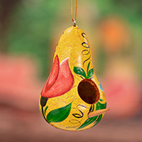 Dried gourd ornament, 'Yellow Birdhouse Bloom' - Birdhouse-Shaped Dried Gourd Ornament with Floral Designs