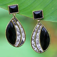 Gold plated onyx and snakeskin dangle earrings,