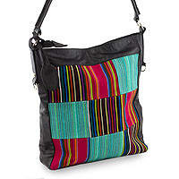 Cotton and leather accent shoulder bag,
