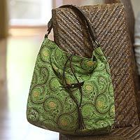 Cotton batik and leather accent hobo bag,
