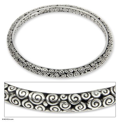 Sterling silver bangle bracelet, Temple (7.5 inch)