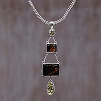 Amber and lemon quartz pendant necklace,