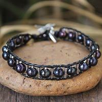 Black leather and pearl heart bracelet,