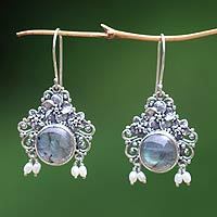 Pearl and labradorite flower earrings,