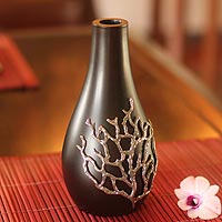 Mango wood and pewter vase Black Coral Thailand