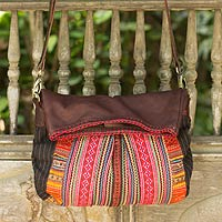 Leather accent cotton shoulder bag Hill Tribe Day Thailand