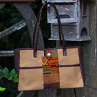 Leather accent cotton shoulder bag Tribal Tan Thailand