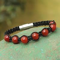 Carnelian and leather Shambhala-style bracelet,